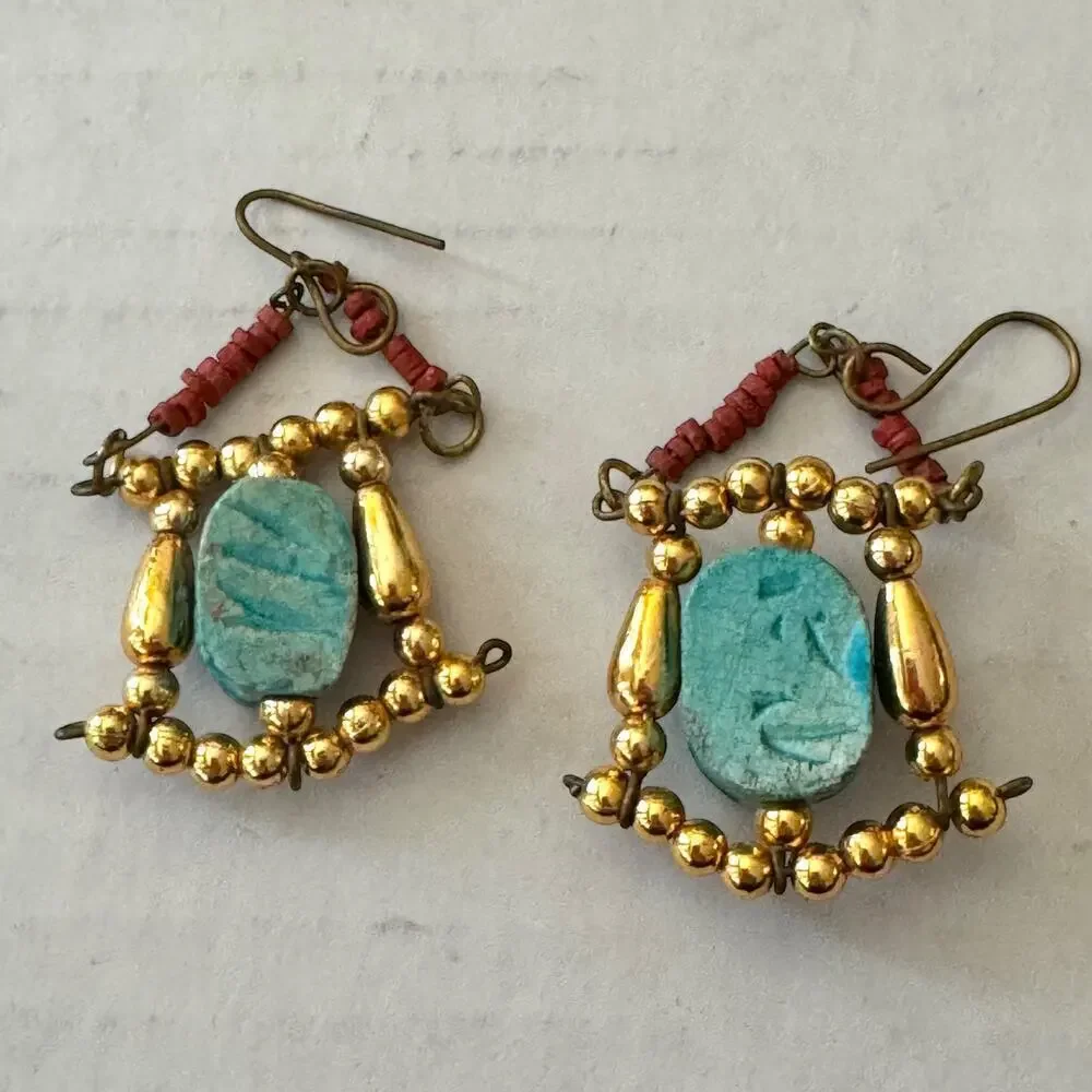 Vintage Multi-Strand Turquoise & Gold Tone Bead Necklace Hanging Scarab Earrings